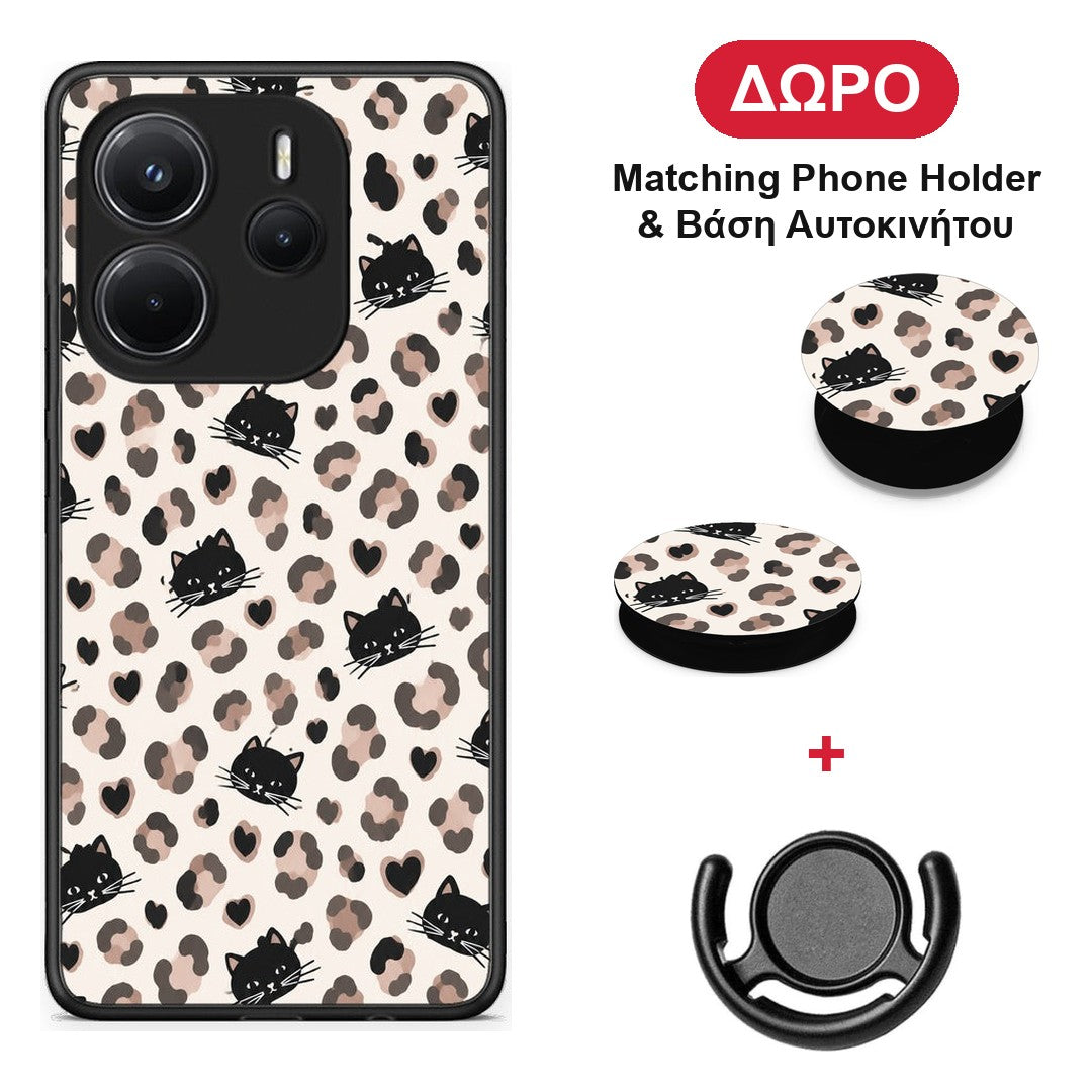 Leopard Spots and Black Cats on Cream - Xiaomi Redmi Note 14 4G θήκη + Δώρο Phone Holder & Βάση Αυτοκινήτου