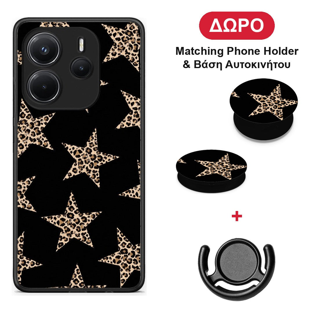Leopard Stars on Black - Xiaomi Redmi Note 14 4G θήκη + Δώρο Phone Holder & Βάση Αυτοκινήτου