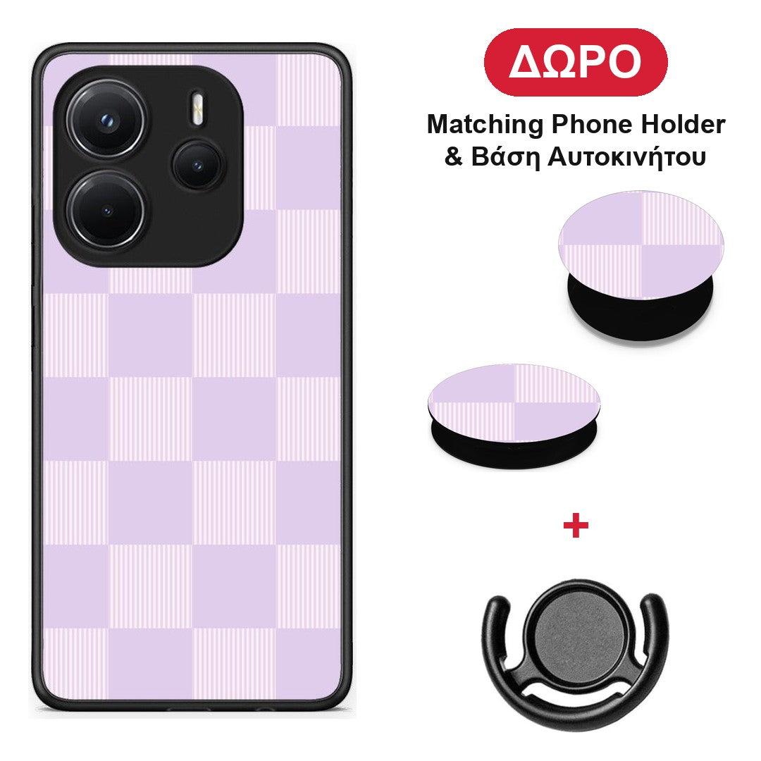 Lilac and Cream Striped Checks - Xiaomi Redmi Note 14 4G θήκη + Δώρο Phone Holder & Βάση Αυτοκινήτου