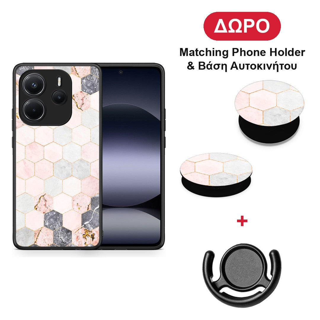 Marble Hexagon Pink - Xiaomi Redmi Note 14 4G θήκη + Δώρο Phone Holder & Βάση Αυτοκινήτου