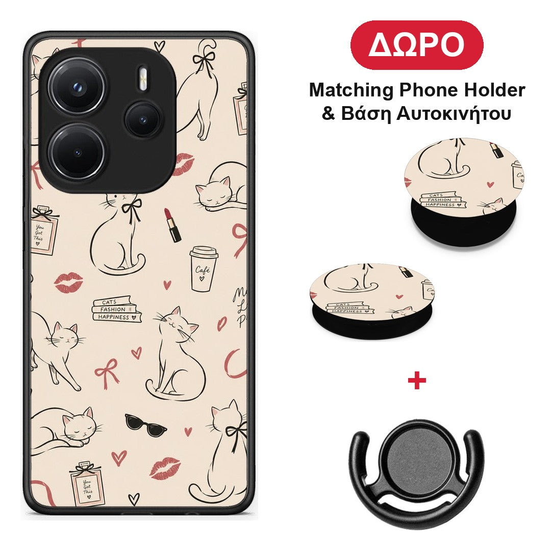 Minimal Cat and Fashion Doodles on Cream - Xiaomi Redmi Note 14 4G θήκη + Δώρο Phone Holder & Βάση Αυτοκινήτου