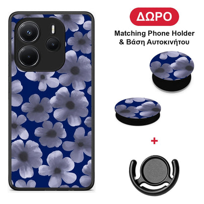 Pale Blue Flowers on Navy - Xiaomi Redmi Note 14 4G θήκη + Δώρο Phone Holder & Βάση Αυτοκινήτου