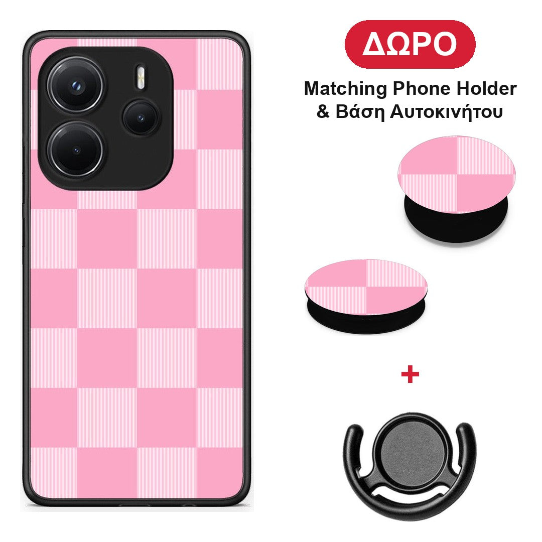 Pink and White Striped Checks - Xiaomi Redmi Note 14 4G θήκη + Δώρο Phone Holder & Βάση Αυτοκινήτου