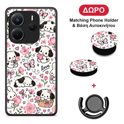 Pink Florals Puppies and Bunnies on White - Xiaomi Redmi Note 14 4G θήκη + Δώρο Phone Holder & Βάση Αυτοκινήτου