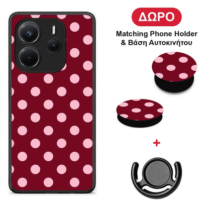 Pink Polka Dots on Burgundy - Xiaomi Redmi Note 14 4G θήκη + Δώρο Phone Holder & Βάση Αυτοκινήτου