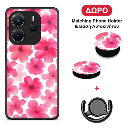 Pink Watercolour Flowers on White - Xiaomi Redmi Note 14 4G θήκη + Δώρο Phone Holder & Βάση Αυτοκινήτου