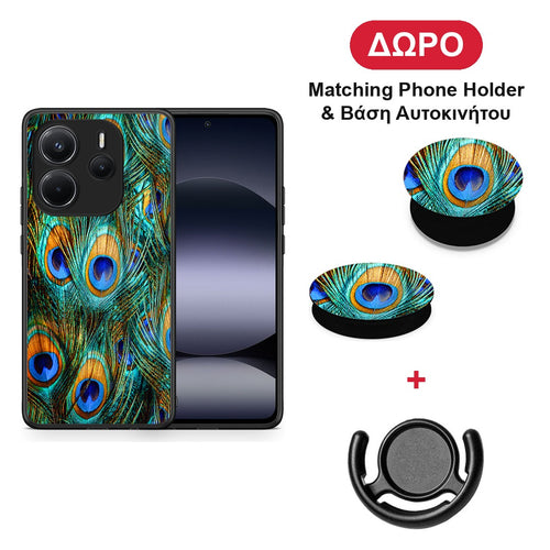 Real Peacock Feathers - Xiaomi Redmi Note 14 4G θήκη + Δώρο Phone Holder & Βάση Αυτοκινήτου