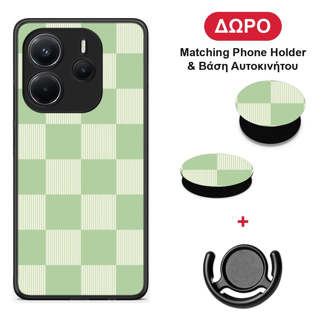 Sage and Cream Striped Checks - Xiaomi Redmi Note 14 4G θήκη + Δώρο Phone Holder & Βάση Αυτοκινήτου