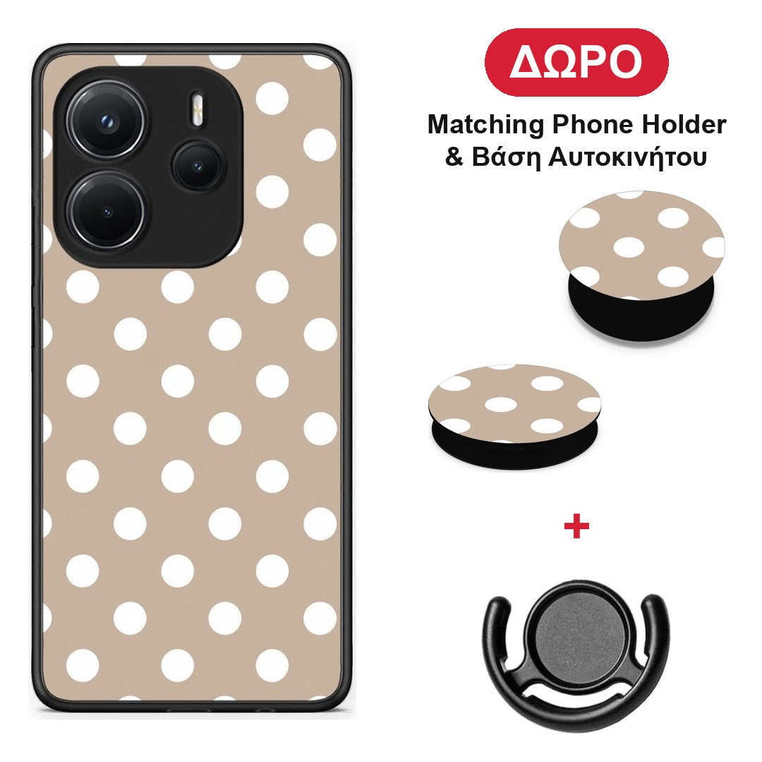 White Polka Dots on Taupe - Xiaomi Redmi Note 14 4G θήκη + Δώρο Phone Holder & Βάση Αυτοκινήτου