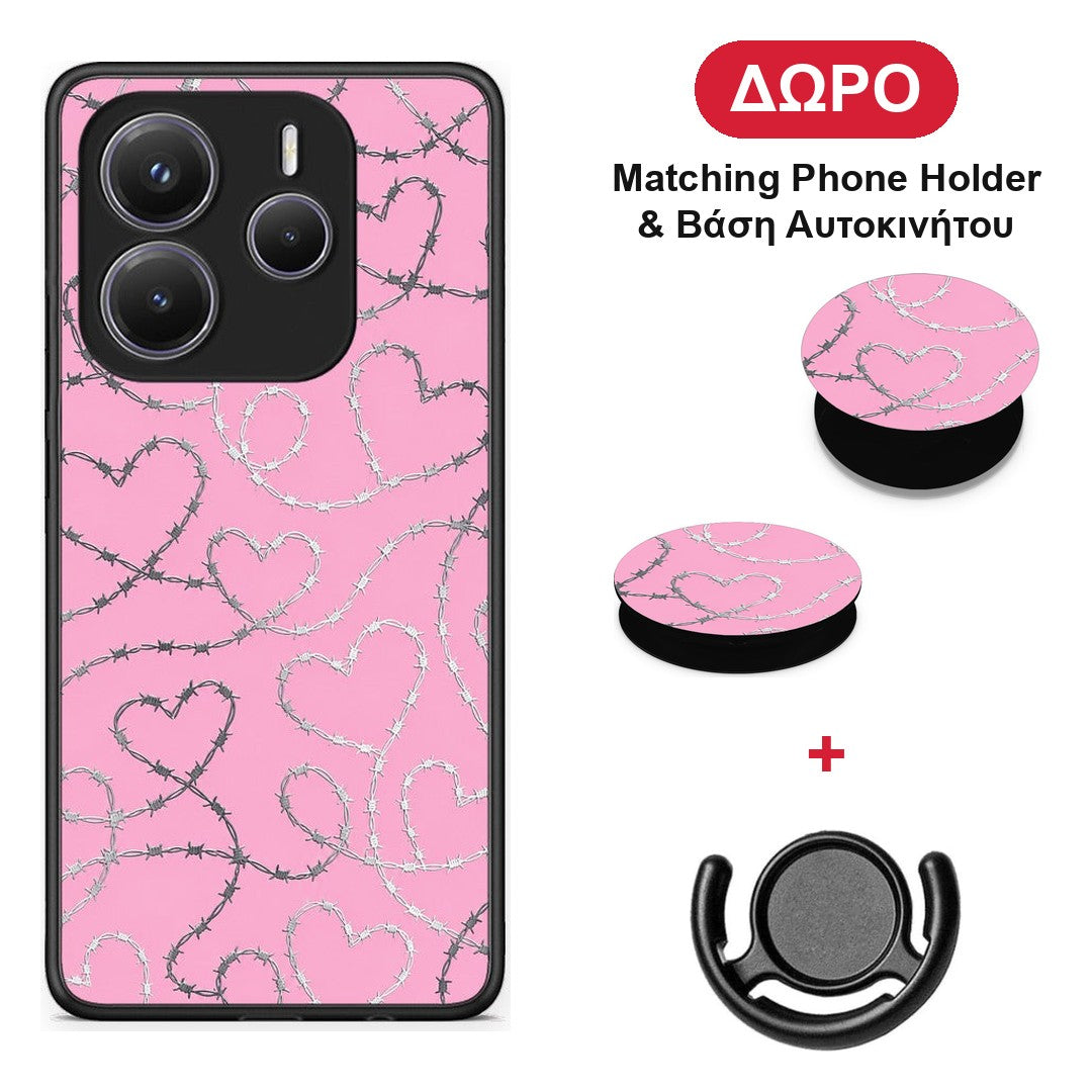Barbed Wire Hearts on Pink - Xiaomi Redmi Note 14 5G θήκη + Δώρο Phone Holder & Βάση Αυτοκινήτου