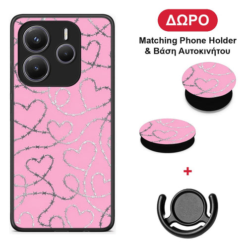 Barbed Wire Hearts on Pink - Xiaomi Redmi Note 14 5G θήκη + Δώρο Phone Holder & Βάση Αυτοκινήτου