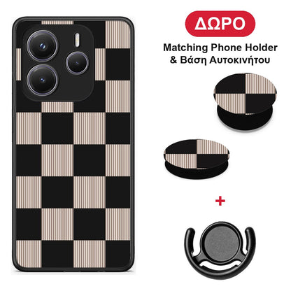 Black and Taupe Striped Checks - Xiaomi Redmi Note 14 5G θήκη + Δώρο Phone Holder & Βάση Αυτοκινήτου