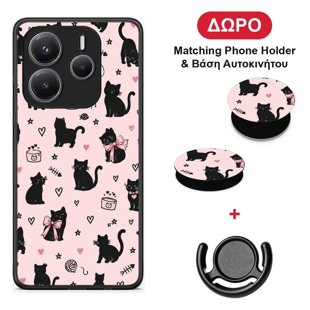 Black Cat Doodles on Pink - Xiaomi Redmi Note 14 5G θήκη + Δώρο Phone Holder & Βάση Αυτοκινήτου