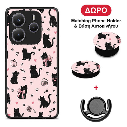 Black Cat Doodles on Pink - Xiaomi Redmi Note 14 5G θήκη + Δώρο Phone Holder & Βάση Αυτοκινήτου