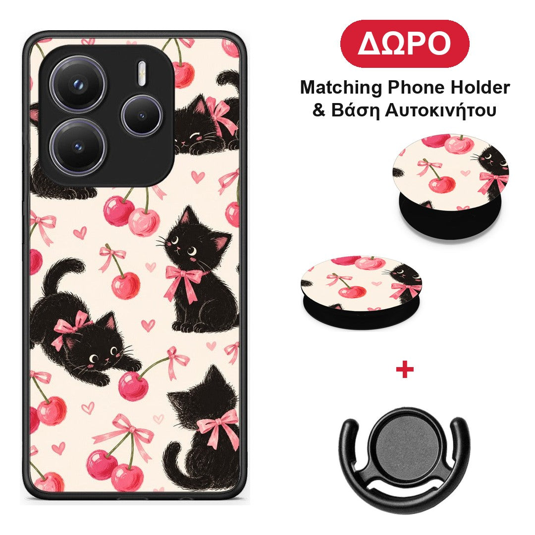 Black Kittens and Cherries on Cream - Xiaomi Redmi Note 14 5G θήκη + Δώρο Phone Holder & Βάση Αυτοκινήτου