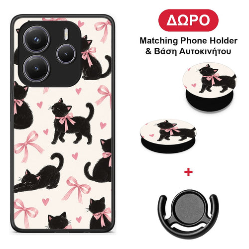 Black Kittens and Pink Bows on Cream Large - Xiaomi Redmi Note 14 5G θήκη + Δώρο Phone Holder & Βάση Αυτοκινήτου