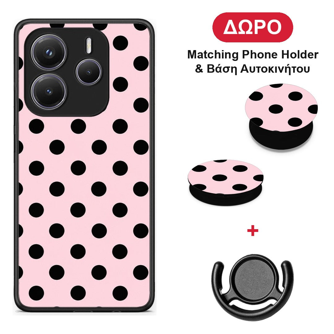 Black Polka Dots on Pink - Xiaomi Redmi Note 14 5G θήκη + Δώρο Phone Holder & Βάση Αυτοκινήτου
