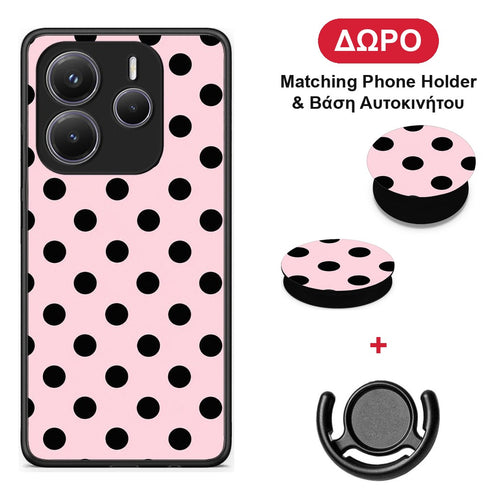 Black Polka Dots on Pink - Xiaomi Redmi Note 14 5G θήκη + Δώρο Phone Holder & Βάση Αυτοκινήτου