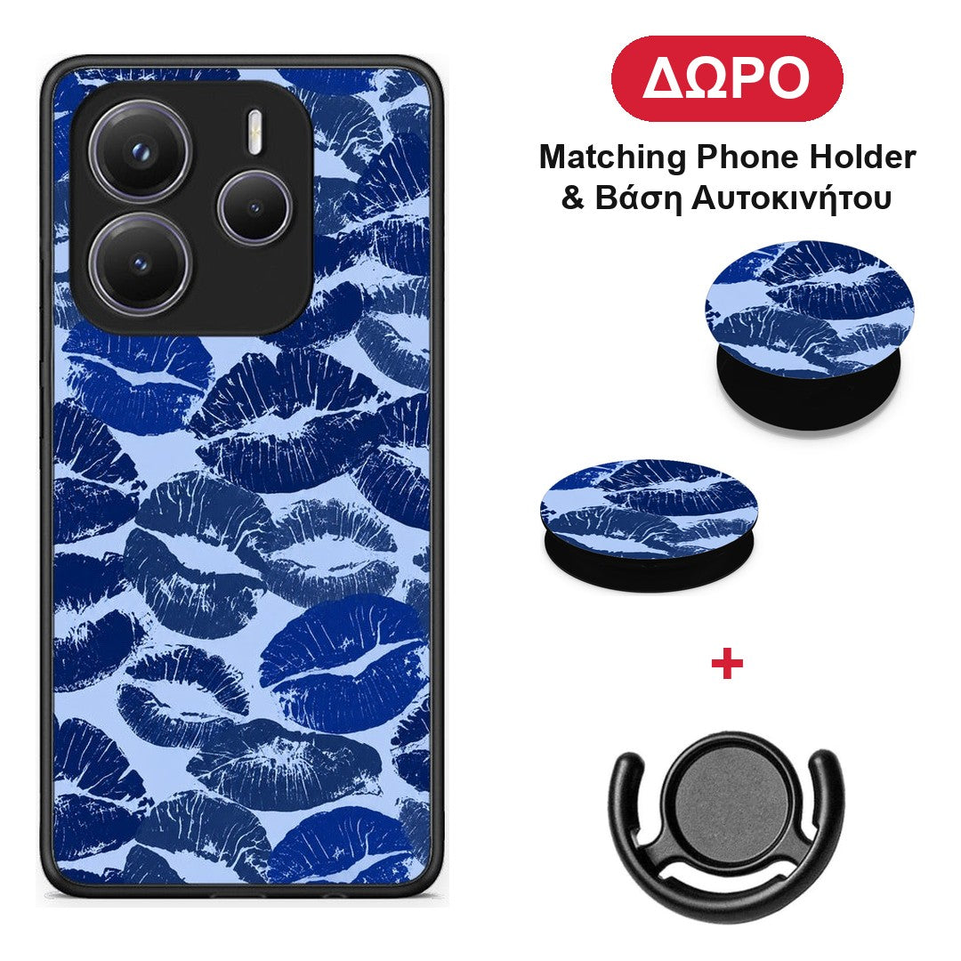 Blue Lipstick Kisses - Xiaomi Redmi Note 14 5G θήκη + Δώρο Phone Holder & Βάση Αυτοκινήτου