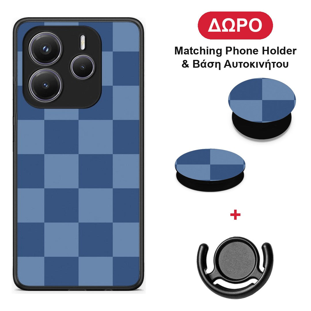 Denim Blue Checkerboard - Xiaomi Redmi Note 14 5G θήκη + Δώρο Phone Holder & Βάση Αυτοκινήτου