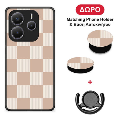 Latte and Cream Striped Checks - Xiaomi Redmi Note 14 5G θήκη + Δώρο Phone Holder & Βάση Αυτοκινήτου