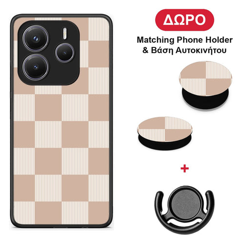 Latte and Cream Striped Checks - Xiaomi Redmi Note 14 5G θήκη + Δώρο Phone Holder & Βάση Αυτοκινήτου