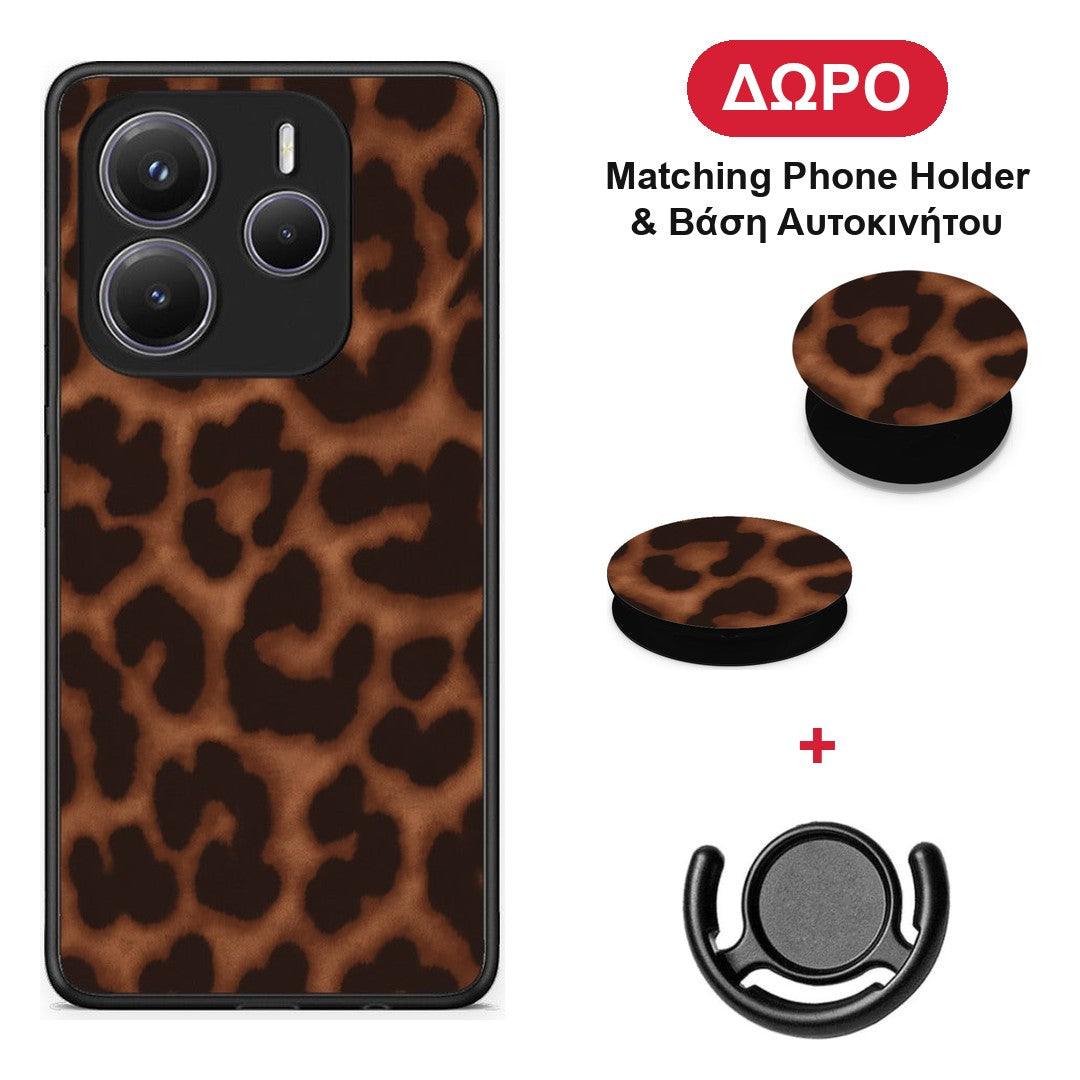 Leopard Print Dark Brown - Xiaomi Redmi Note 14 5G θήκη + Δώρο Phone Holder & Βάση Αυτοκινήτου