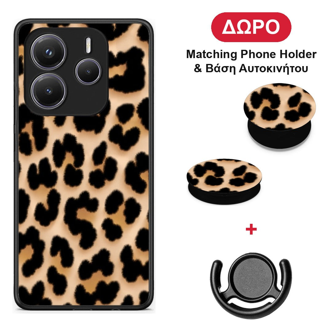 Leopard Print Tan Large - Xiaomi Redmi Note 14 5G θήκη + Δώρο Phone Holder & Βάση Αυτοκινήτου