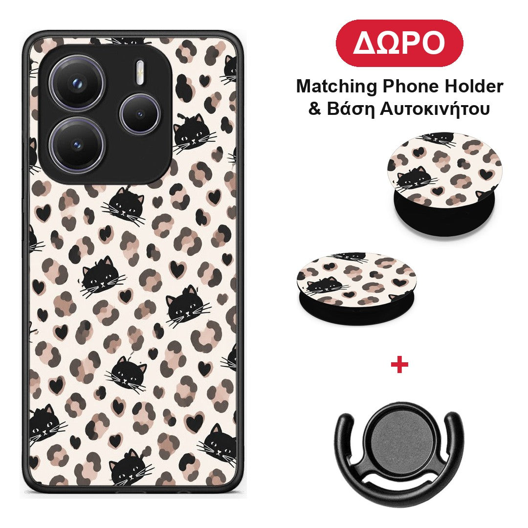 Leopard Spots and Black Cats on Cream - Xiaomi Redmi Note 14 5G θήκη + Δώρο Phone Holder & Βάση Αυτοκινήτου