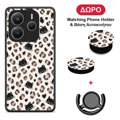 Leopard Spots and Black Cats on Cream - Xiaomi Redmi Note 14 5G θήκη + Δώρο Phone Holder & Βάση Αυτοκινήτου