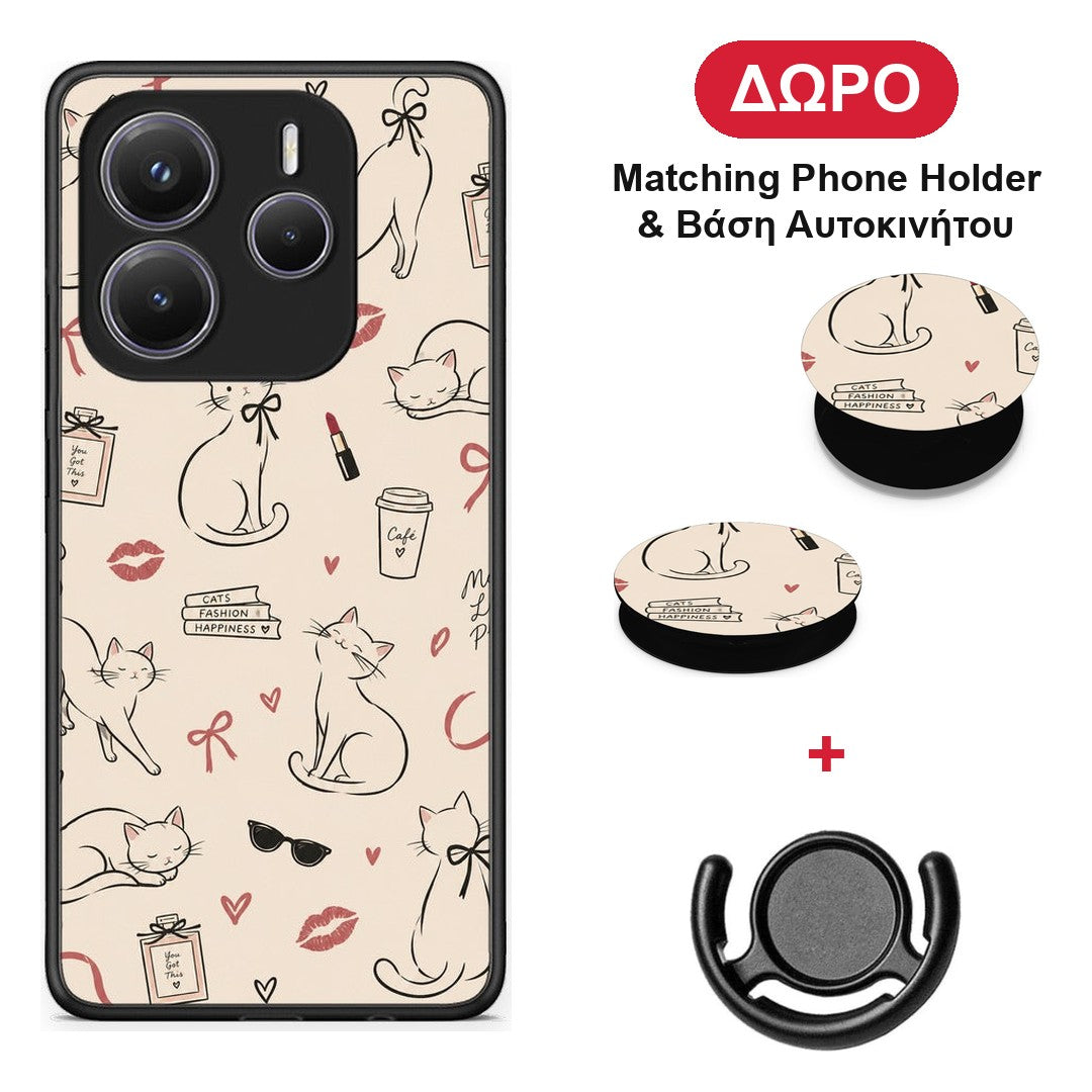 Minimal Cat and Fashion Doodles on Cream - Xiaomi Redmi Note 14 5G θήκη + Δώρο Phone Holder & Βάση Αυτοκινήτου