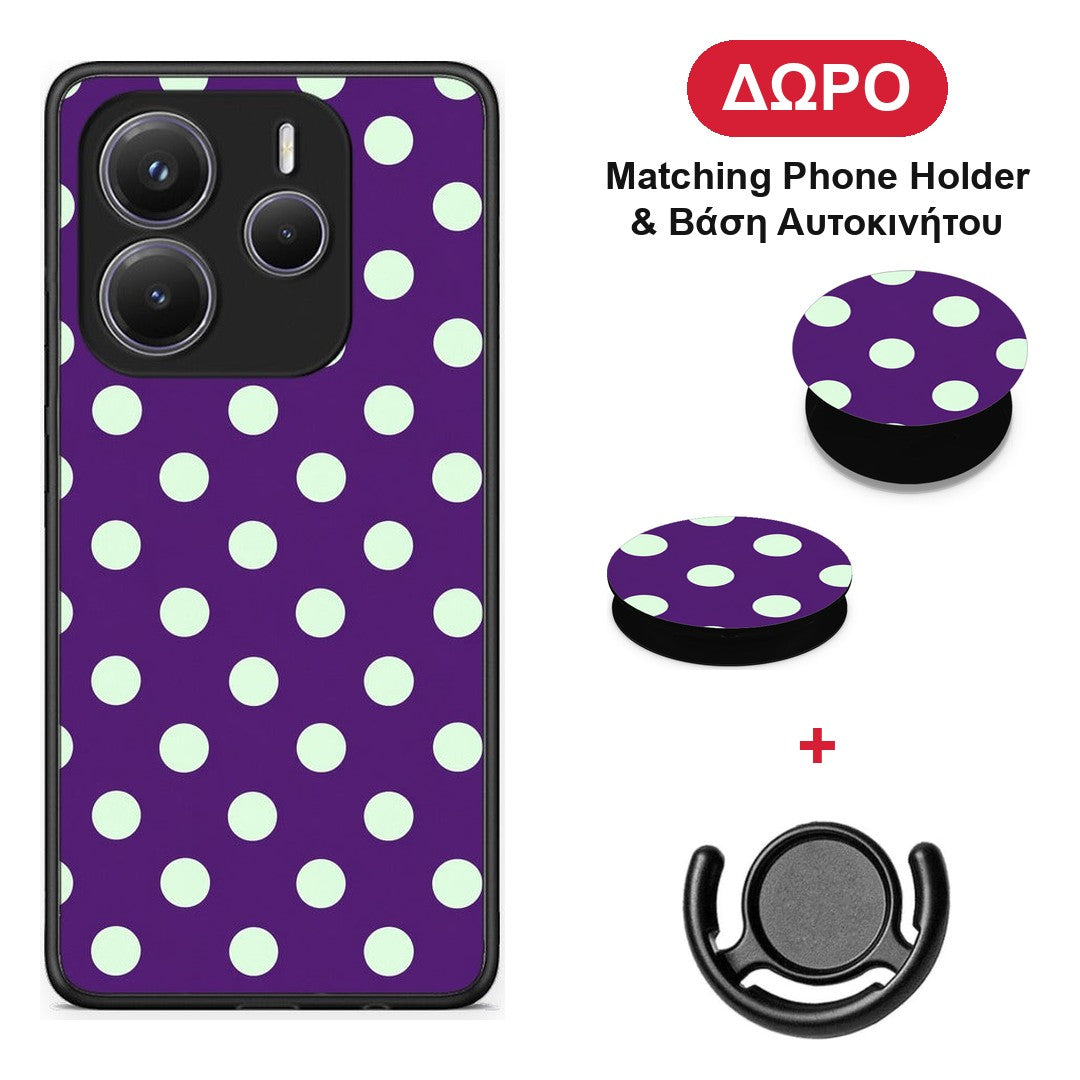 Mint Polka Dots on Purple - Xiaomi Redmi Note 14 5G θήκη + Δώρο Phone Holder & Βάση Αυτοκινήτου