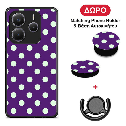 Mint Polka Dots on Purple - Xiaomi Redmi Note 14 5G θήκη + Δώρο Phone Holder & Βάση Αυτοκινήτου