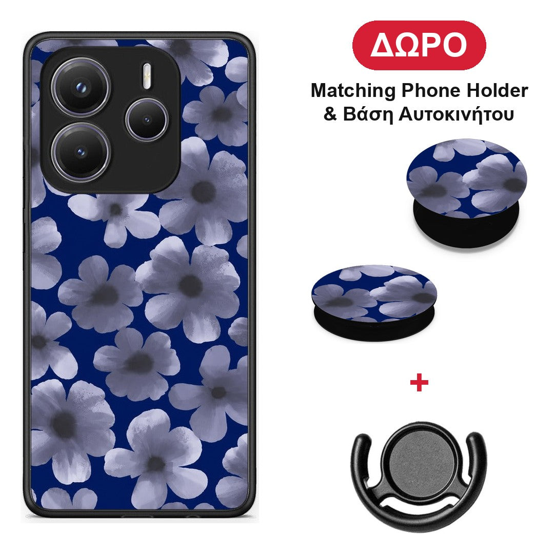 Pale Blue Flowers on Navy - Xiaomi Redmi Note 14 5G θήκη + Δώρο Phone Holder & Βάση Αυτοκινήτου