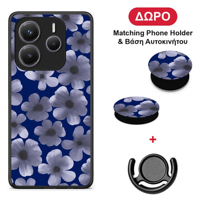 Pale Blue Flowers on Navy - Xiaomi Redmi Note 14 5G θήκη + Δώρο Phone Holder & Βάση Αυτοκινήτου