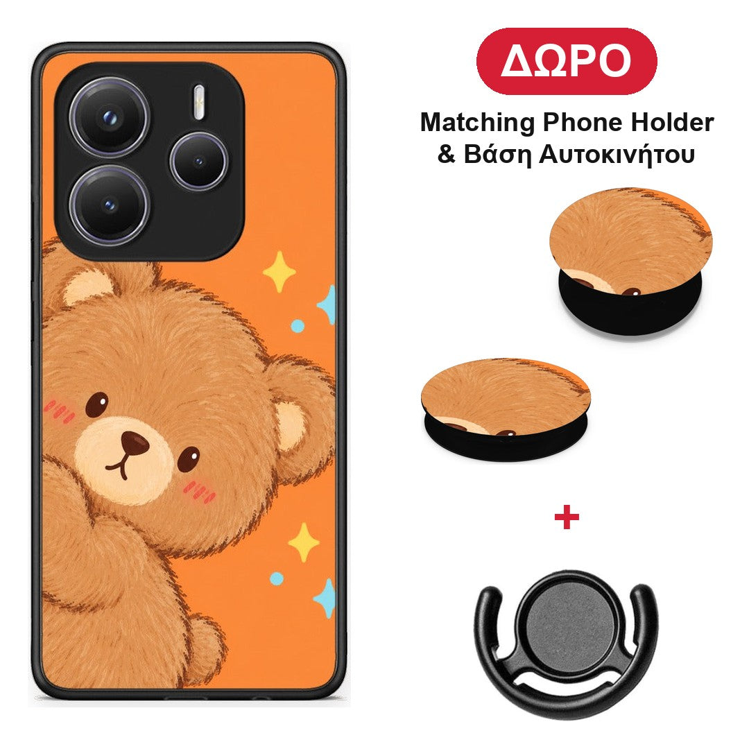 Peekaboo Teddy on Orange - Xiaomi Redmi Note 14 5G θήκη + Δώρο Phone Holder & Βάση Αυτοκινήτου