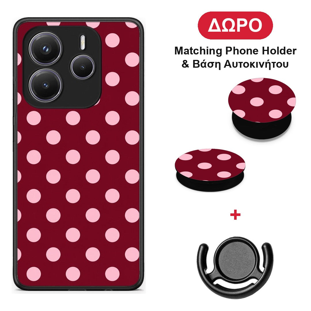 Pink Polka Dots on Burgundy - Xiaomi Redmi Note 14 5G θήκη + Δώρο Phone Holder & Βάση Αυτοκινήτου
