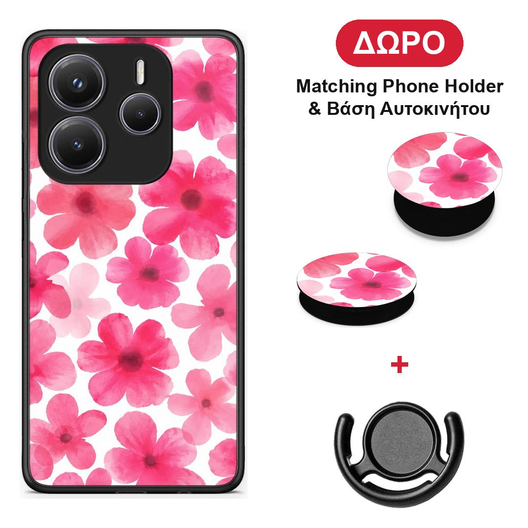 Pink Watercolour Flowers on White - Xiaomi Redmi Note 14 5G θήκη + Δώρο Phone Holder & Βάση Αυτοκινήτου