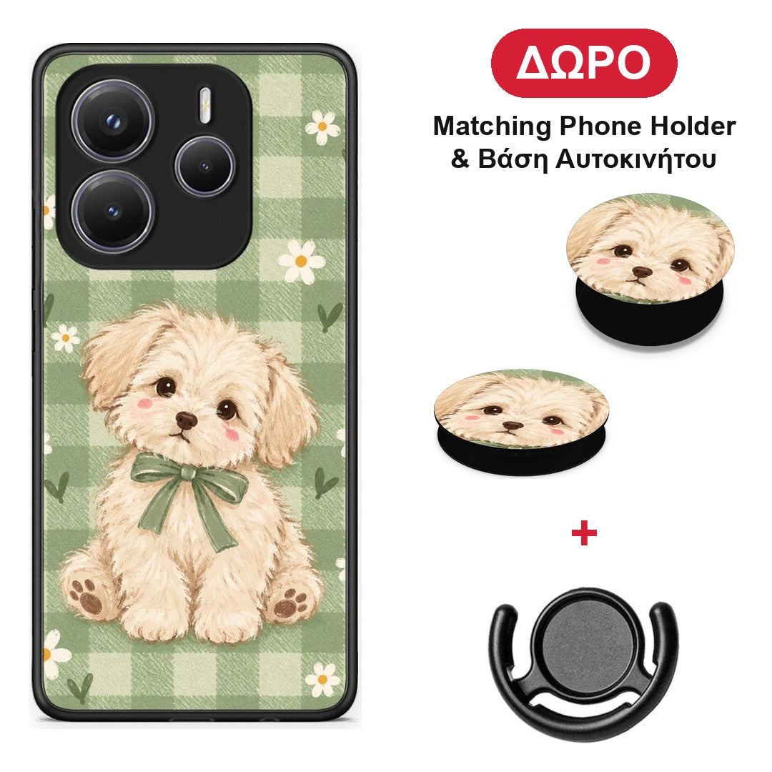 Puppy and Daisies on Sage Gingham - Xiaomi Redmi Note 14 5G θήκη + Δώρο Phone Holder & Βάση Αυτοκινήτου