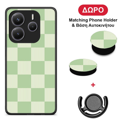 Sage and Cream Striped Checks - Xiaomi Redmi Note 14 5G θήκη + Δώρο Phone Holder & Βάση Αυτοκινήτου