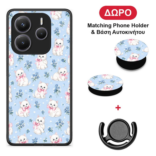 White Kittens and Blue Flowers Small - Xiaomi Redmi Note 14 5G θήκη + Δώρο Phone Holder & Βάση Αυτοκινήτου
