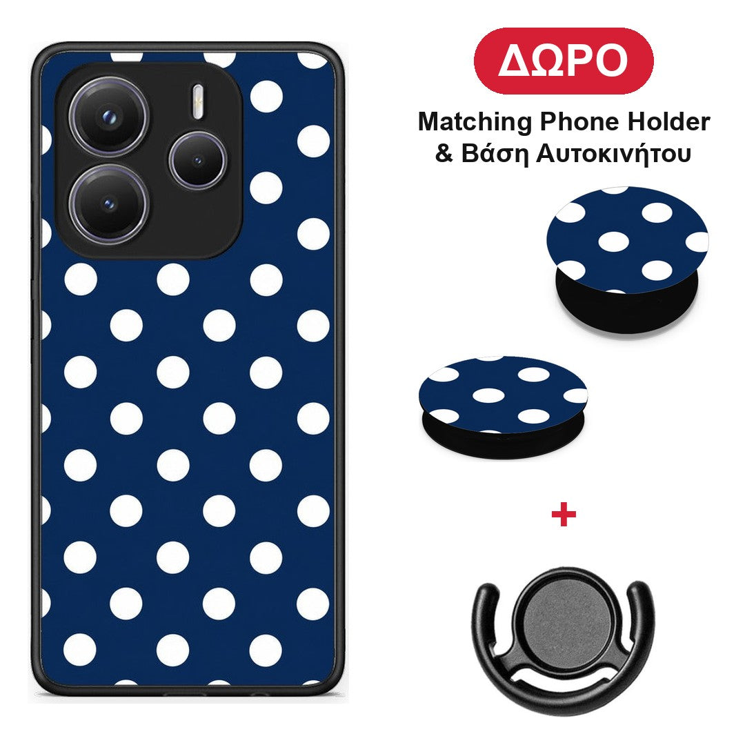White Large Polka Dots on Navy - Xiaomi Redmi Note 14 5G θήκη + Δώρο Phone Holder & Βάση Αυτοκινήτου