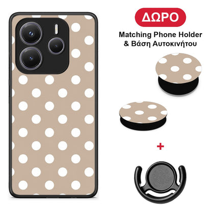 White Polka Dots on Taupe - Xiaomi Redmi Note 14 5G θήκη + Δώρο Phone Holder & Βάση Αυτοκινήτου