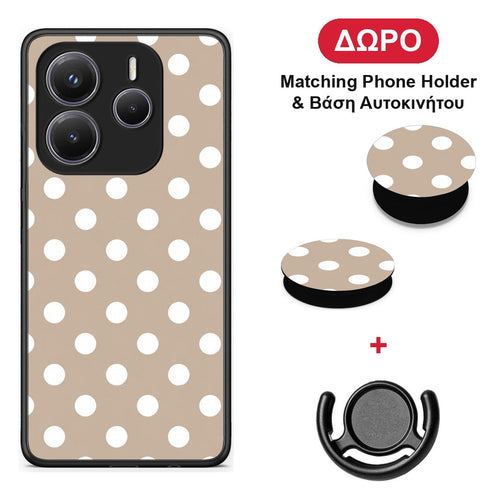 White Polka Dots on Taupe - Xiaomi Redmi Note 14 5G θήκη + Δώρο Phone Holder & Βάση Αυτοκινήτου