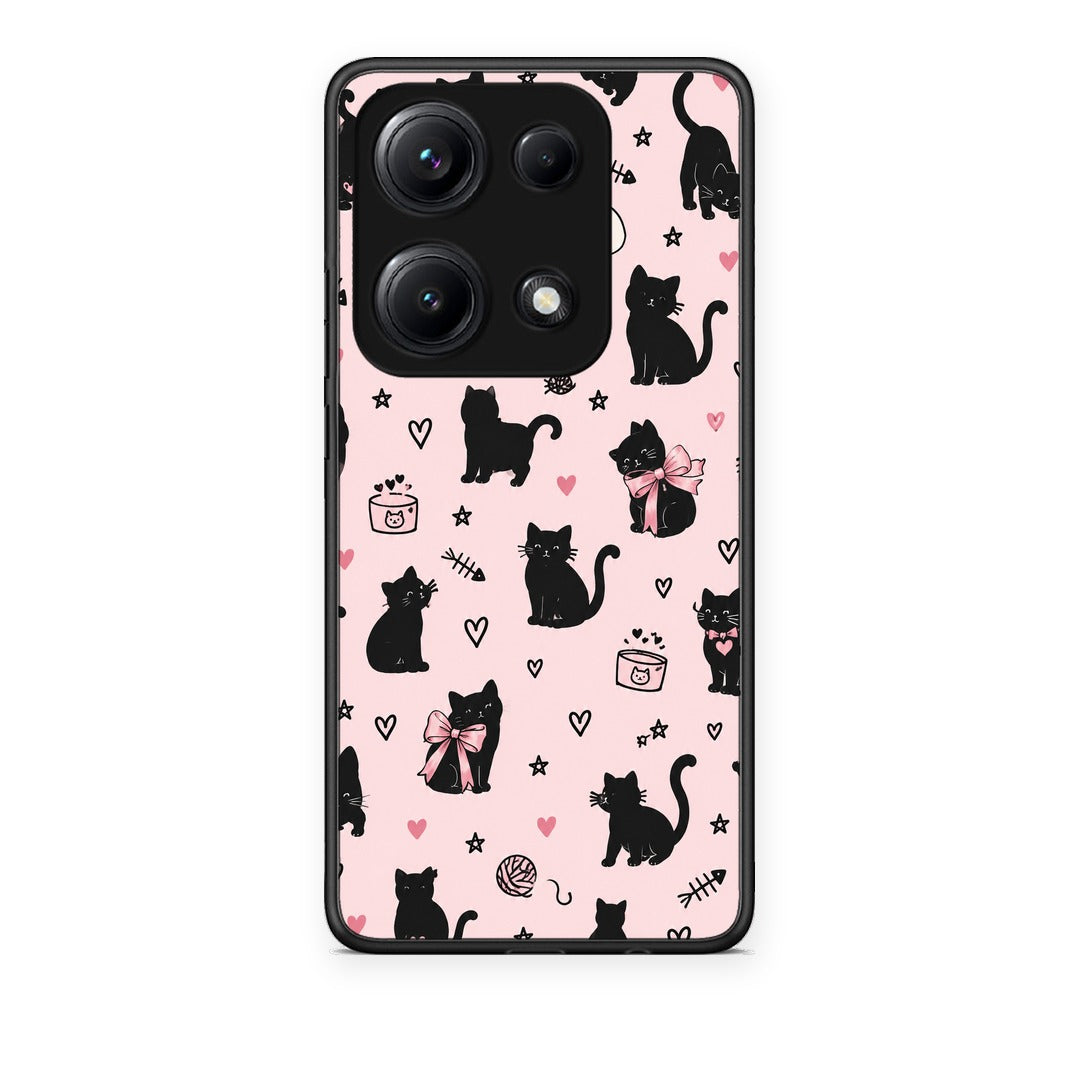 Θήκη Xiaomi Redmi Note 14S Black Cat Doodles on Pink από τη Smartfits με σχέδιο στο πίσω μέρος και μαύρο περίβλημα | Xiaomi Redmi Note 14S Black Cat Doodles on Pink case with colorful back and black bezels