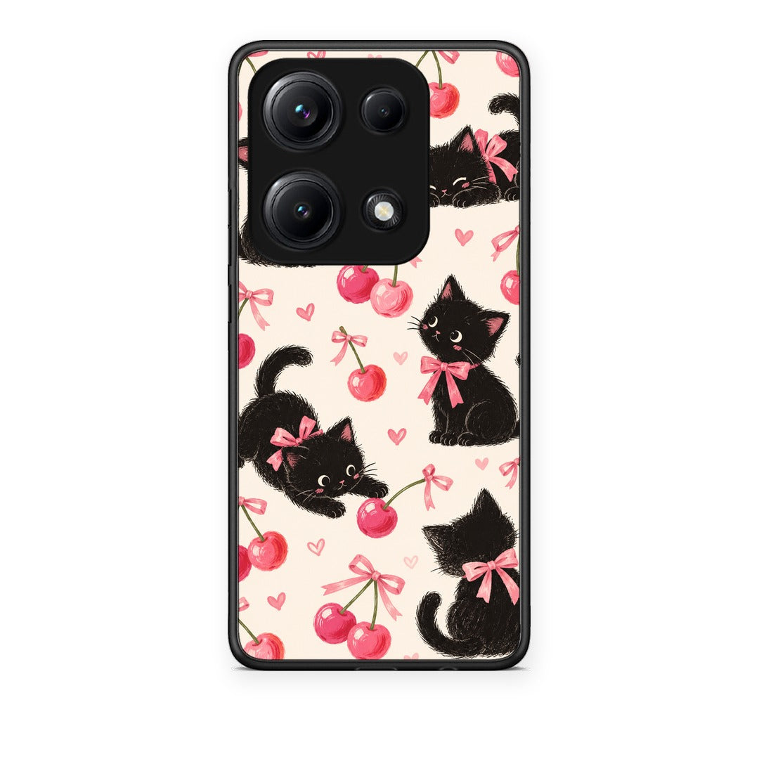 Θήκη Xiaomi Redmi Note 14S Black Kittens and Cherries on Cream από τη Smartfits με σχέδιο στο πίσω μέρος και μαύρο περίβλημα | Xiaomi Redmi Note 14S Black Kittens and Cherries on Cream case with colorful back and black bezels
