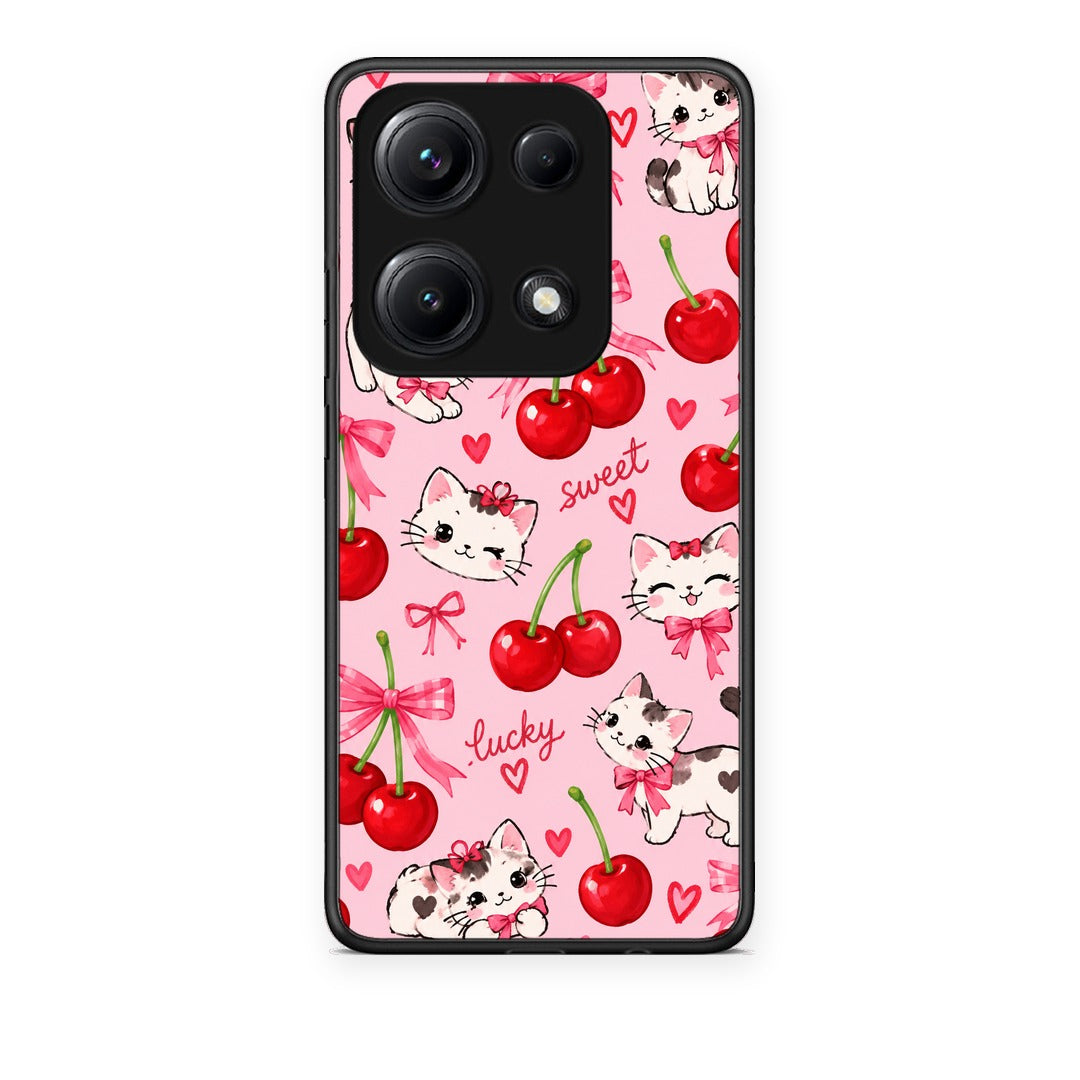 Θήκη Xiaomi Redmi Note 14S Cherries Bows and Kittens on Pink από τη Smartfits με σχέδιο στο πίσω μέρος και μαύρο περίβλημα | Xiaomi Redmi Note 14S Cherries Bows and Kittens on Pink case with colorful back and black bezels