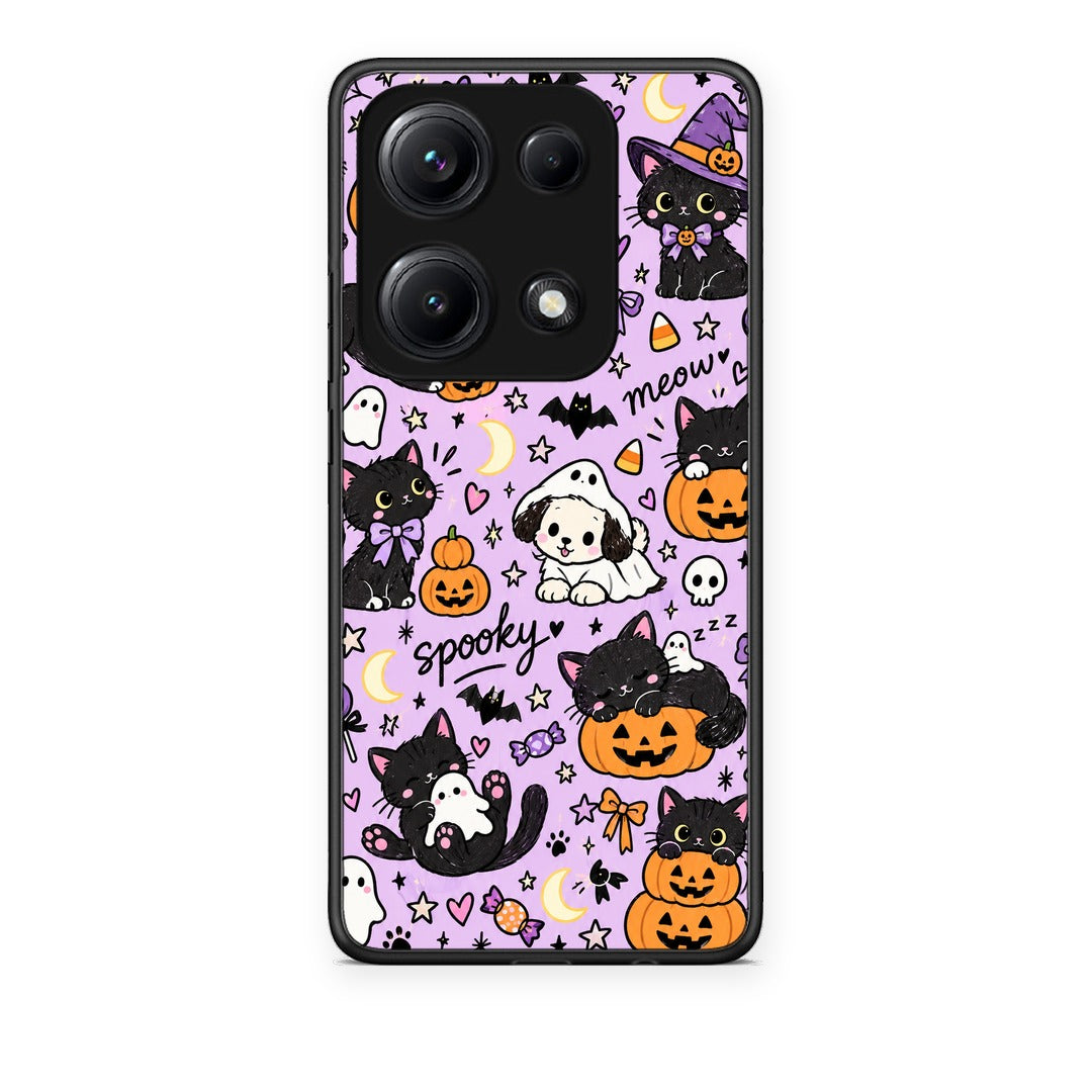 Θήκη Xiaomi Redmi Note 14S Halloween Black Cats on Lilac από τη Smartfits με σχέδιο στο πίσω μέρος και μαύρο περίβλημα | Xiaomi Redmi Note 14S Halloween Black Cats on Lilac case with colorful back and black bezels