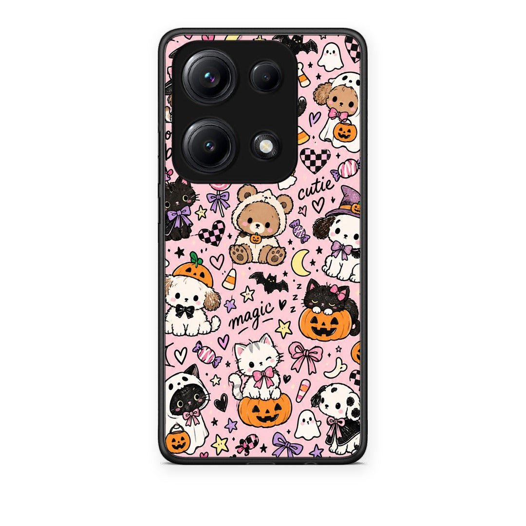 Θήκη Xiaomi Redmi Note 14S Halloween Cute Animals on Pink από τη Smartfits με σχέδιο στο πίσω μέρος και μαύρο περίβλημα | Xiaomi Redmi Note 14S Halloween Cute Animals on Pink case with colorful back and black bezels