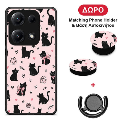 Black Cat Doodles on Pink - Xiaomi Redmi Note 14S θήκη + Δώρο Phone Holder & Βάση Αυτοκινήτου